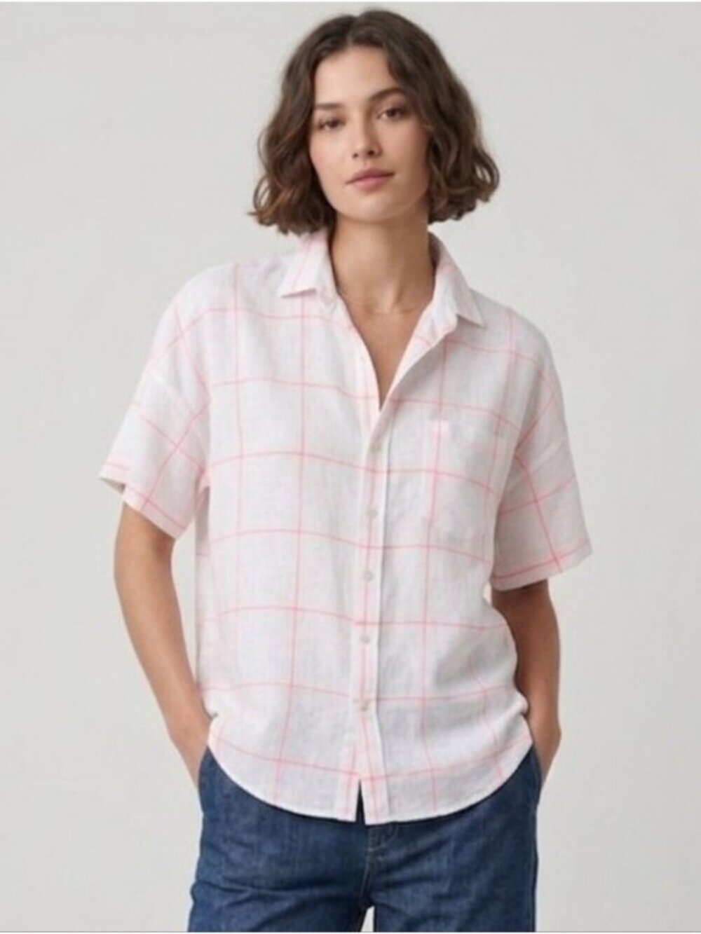 Frank And Eileen Linen Short Sleeve Top Rose Shirt Size Large Boxy Relaxed Fit